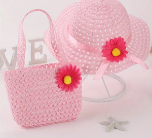 Girls Pink Straw Sun Hat & Purse Set
