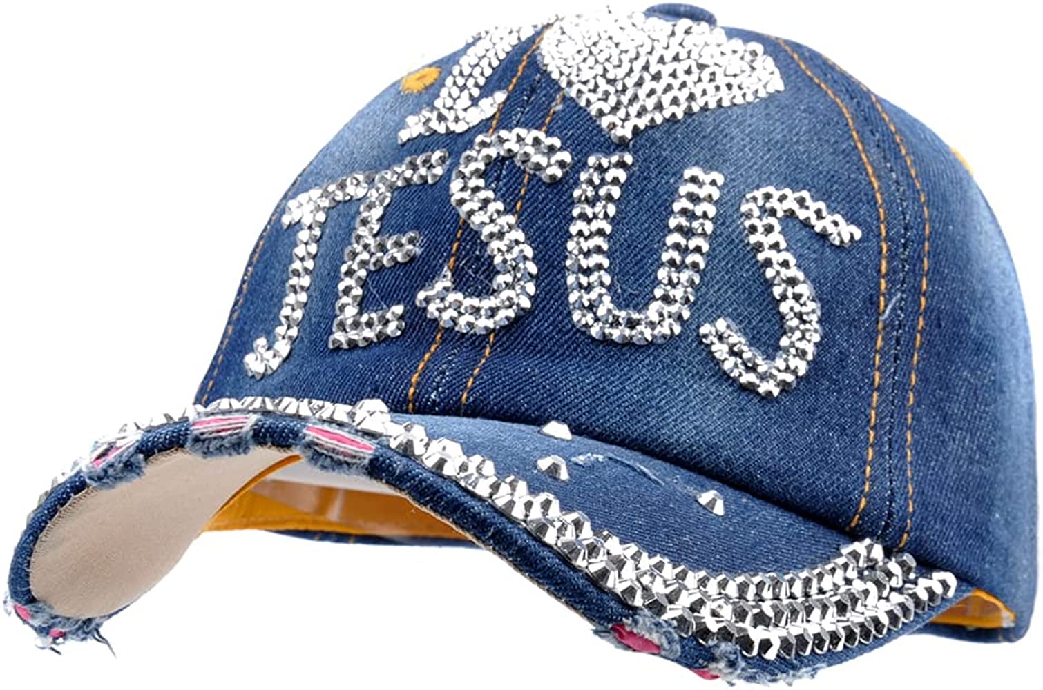 Embellished Denim \'I ♥ Jesus\' Baseball Cap - Blue with Red Gems I main image 4